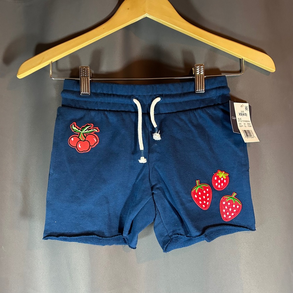 Grace Girls Blue Shorts Cute Fruit Applique Raw Hem XS (4/5)